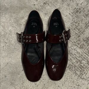Zara Women's Dark Red Patent Mary Jane Flats